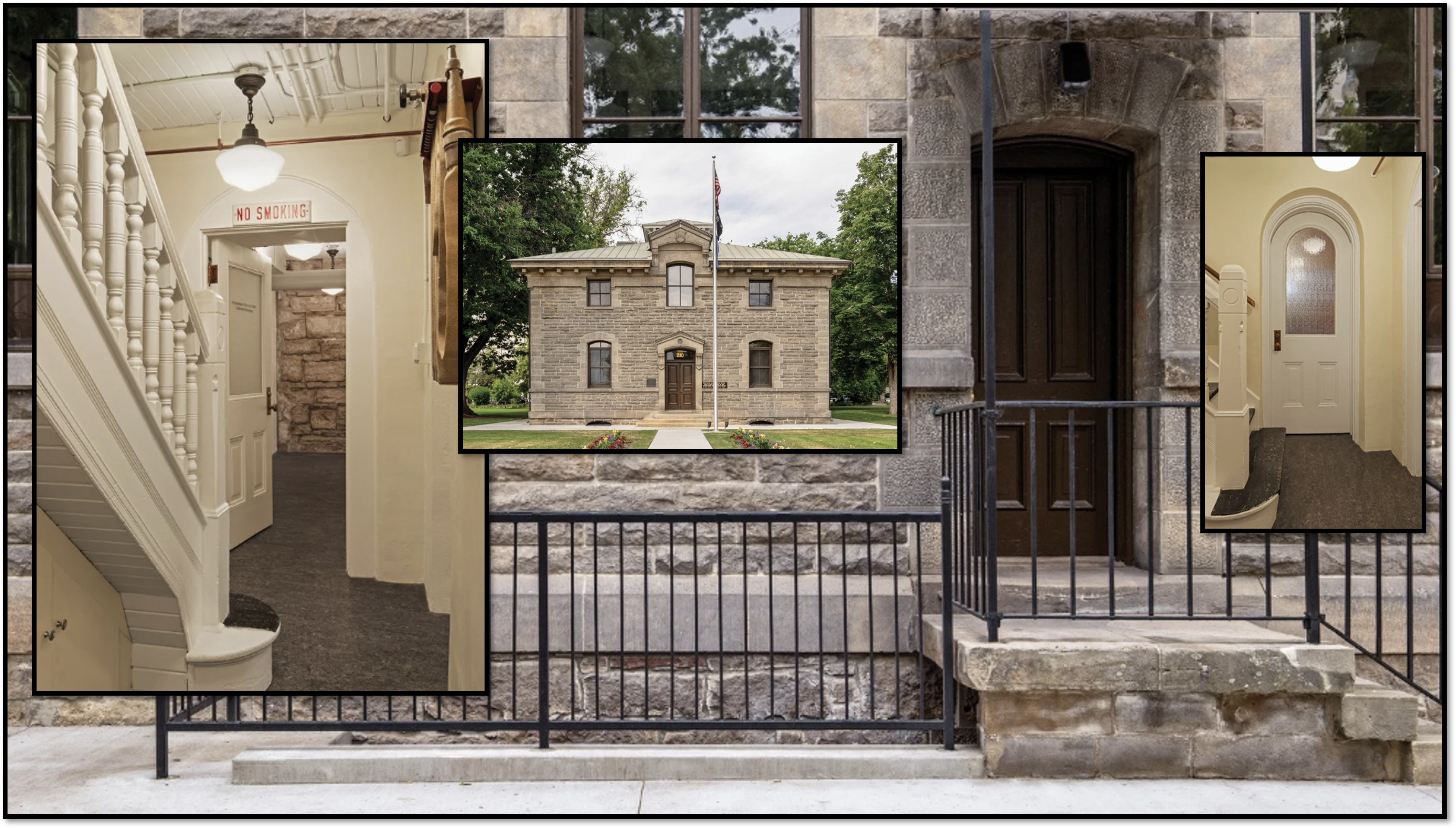Historic U.S. Assay Office Building in Boise — front exterior, interior stairway, and back entrance views.